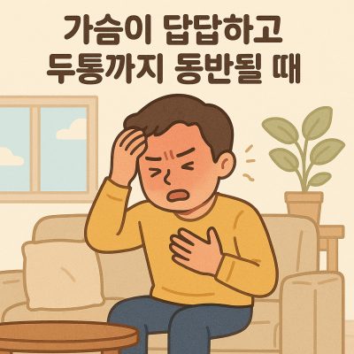 가슴이 답답하고 두통까지 동반될 때 의심해야 할 원인 5가지 1 가슴이 답답하고 두통을 느끼며 불편해하는 사람의 일러스트