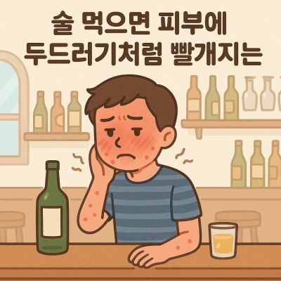 술 먹으면 얼굴과 몸에 붉은 두드러기처럼 피부 반응이 나타난 남성의 이미지