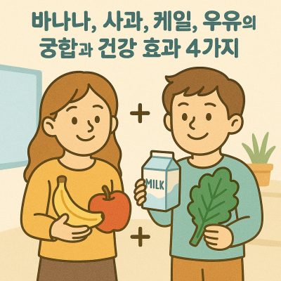 바나나, 사과, 케일, 우유의 궁합과 건강 효과 4가지 1 바나나, 사과, 케일, 우유가 함께 놓인 건강 식단 이미지