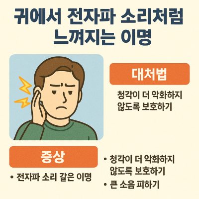 귀에서 전자파 소리? 정체와 대처법 6가지 1 귀에서 전자파 소리처럼 느껴지는 이명 증상과 대처법을 설명하는 건강 이미지