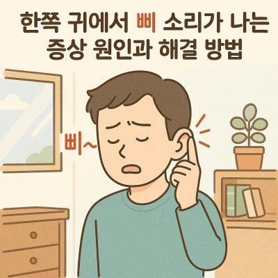 한쪽 귀에서 삐 소리가 나는 증상의 원인과 해결 방법을 설명하는 건강 이미지