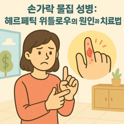 헤르페스 감염으로 손가락에 생긴 물집 증상을 보여주는 성병 관련 건강 이미지