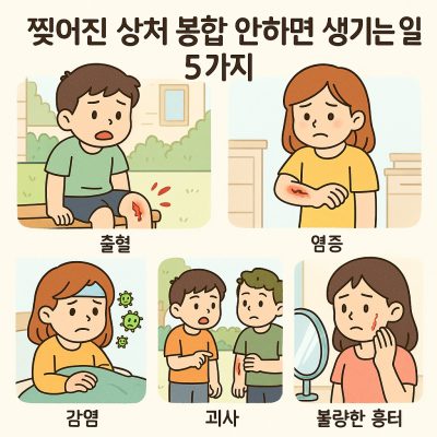 찢어진 상처 봉합 안하면 생기는 일 5가지 1 찢어진 상처 봉합을 하지 않아 염증과 흉터가 생긴 피부를 보여주는 건강 이미지