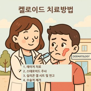 얼굴에 켈로이드 치료방법을 설명하는 피부과 치료 이미지