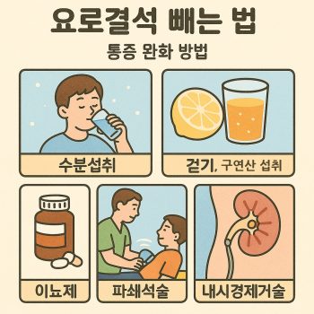 요로결석 빼는 법, 통증 없이 해결하는 6가지 방법 1 요로결석 빼는 법을 설명하며 비수술적 통증 완화 방법을 소개하는 건강 정보 이미지