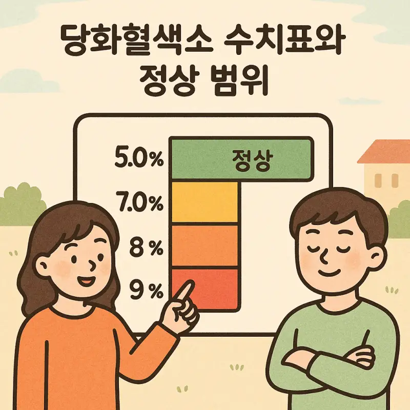 당화혈색소 수치표 완벽 가이드 1 당화혈색소 수치표와 정상 범위를 설명하는 의료 가이드 인포그래픽