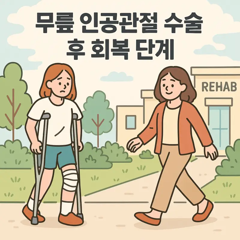 무릎 인공관절 수술 후 회복 단계를 보여주는 의료 정보 인포그래픽