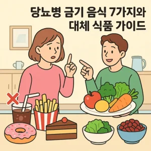 당뇨병 금기 음식 7가지와 건강한 대체 식품들을 비교해서 보여주는 가이드 이미지
