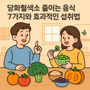 당화혈색소 줄이는 음식 7가지를 소개하는 건강한 식품들이 배열된 썸네일 이미지