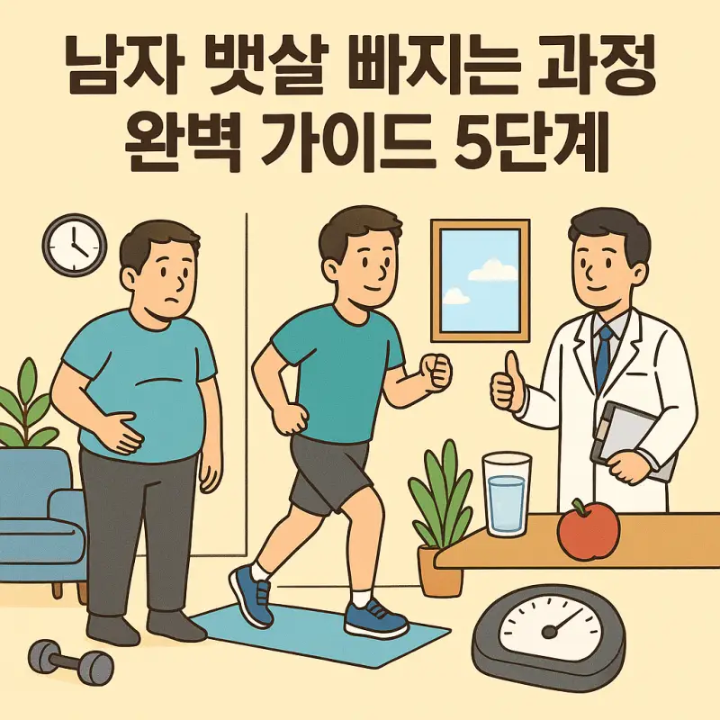 남자 뱃살 빠지는 과정 완벽 가이드 5단계 1 남자 뱃살 빠지는 과정을 5단계로 설명하는 다이어트 가이드 인포그래픽