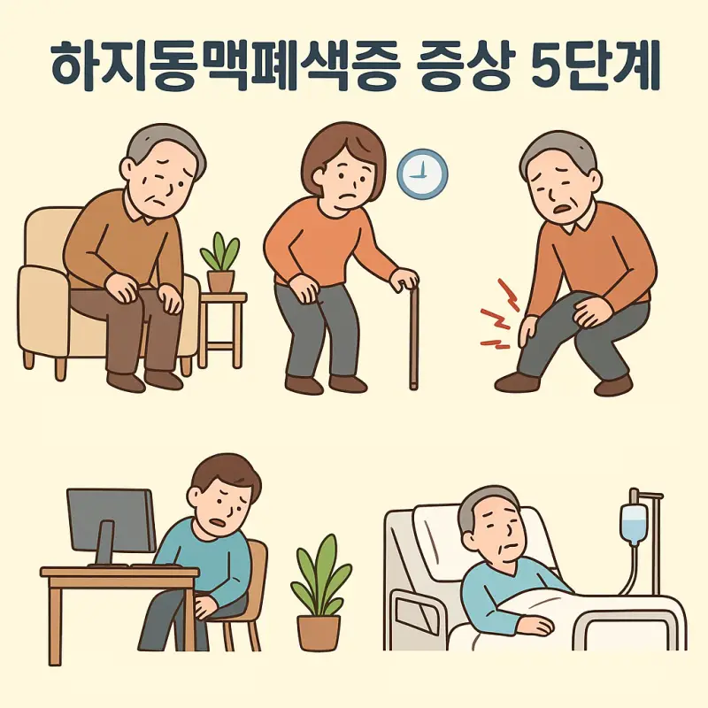 하지동맥폐색증 증상 5단계를 보여주는 의료 정보 인포그래픽