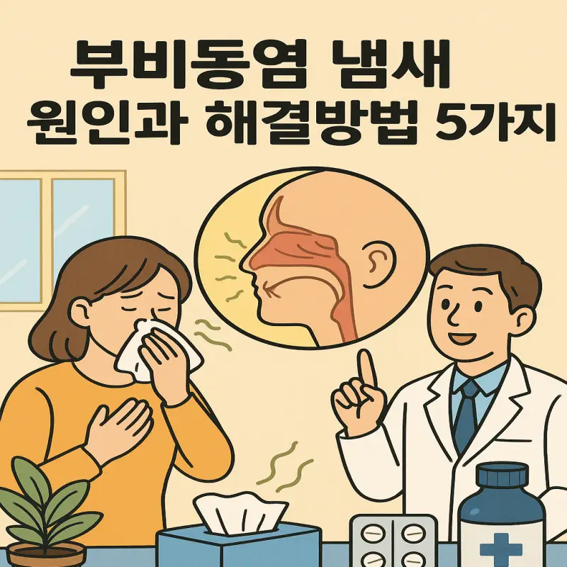 부비동염 냄새로 고통받는 사람의 코와 부비동 부위를 보여주는 의학적 설명 이미지