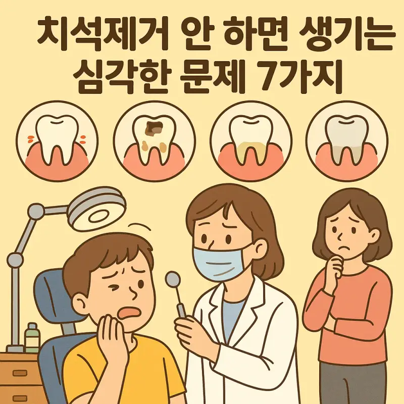 치석제거 안하면 생기는 잇몸질환과 구강 문제들을 보여주는 치아 건강 경고 이미지