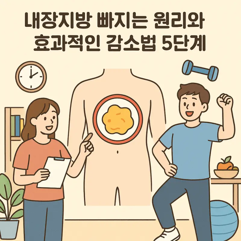 내장지방 빠지는 원리를 설명하는 5단계 다이어트 가이드 인포그래픽