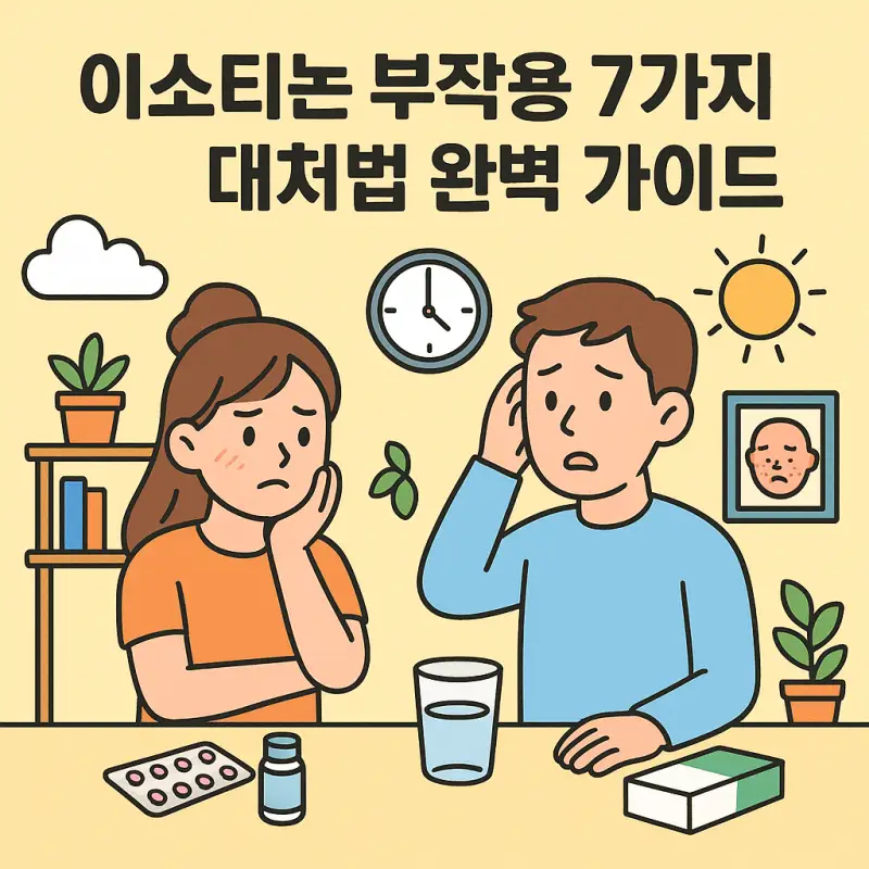 이소티논 부작용 7가지와 대처법 완벽 가이드 1 이소티논 부작용으로 인한 피부 건조, 입술 갈라짐 등의 증상을 설명하는 의료 정보 이미지
