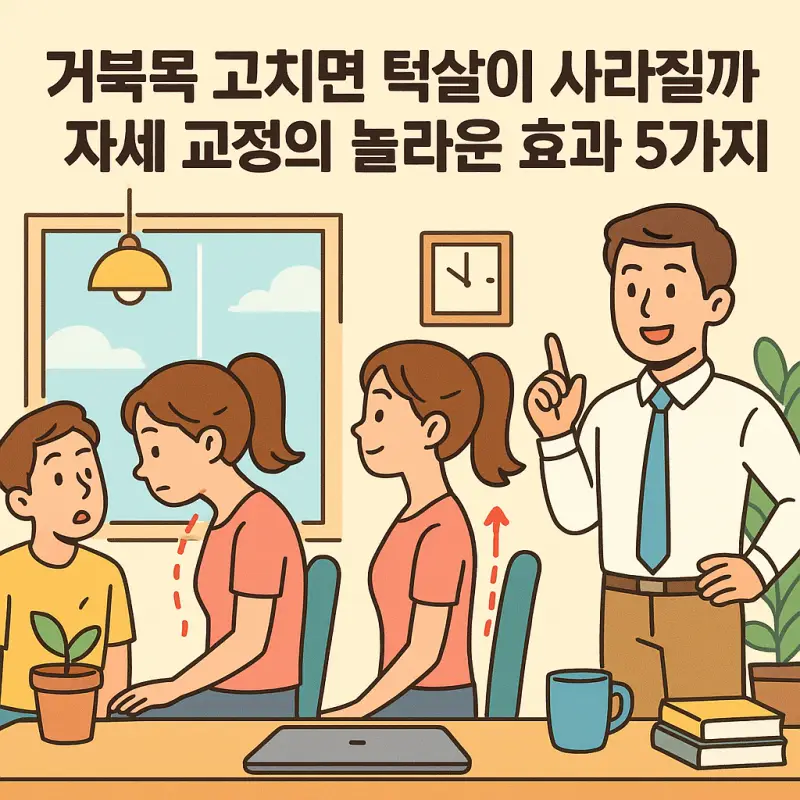 거북목 고치면 턱살이 사라지는지에 대한 자세 교정의 놀라운 효과 5가지를 설명하는 건강 정보 썸네일