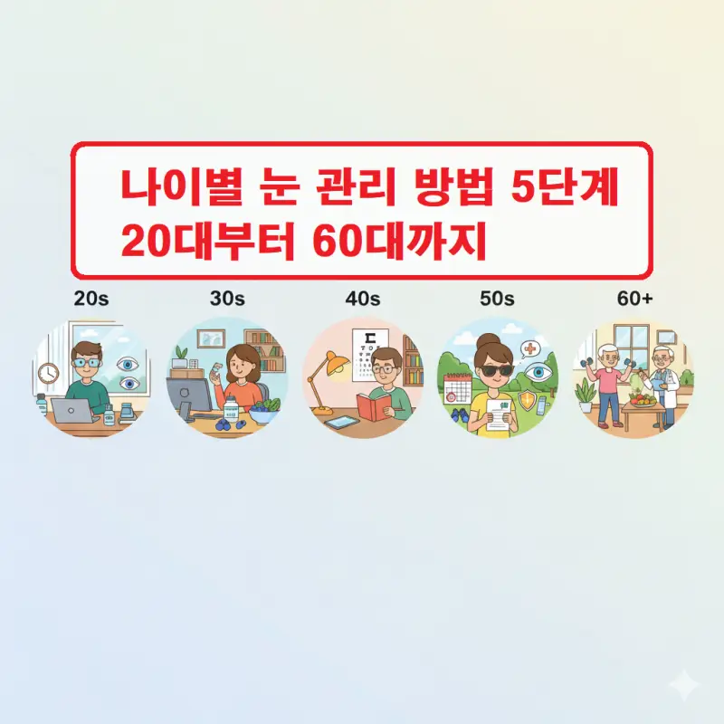 나이별 눈 관리 방법을 20대부터 60대까지 5단계로 나눠 설명하는 건강 정보 썸네일