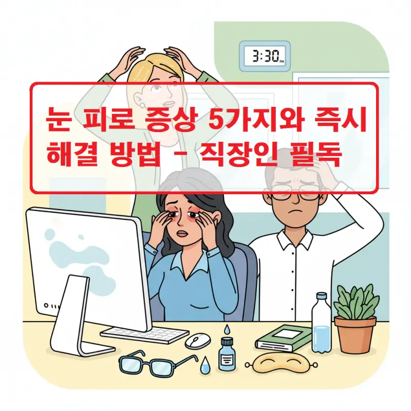 눈 피로 증상 5가지와 즉각적인 해소 방법을 설명하는 직장인 건강 관리 썸네일