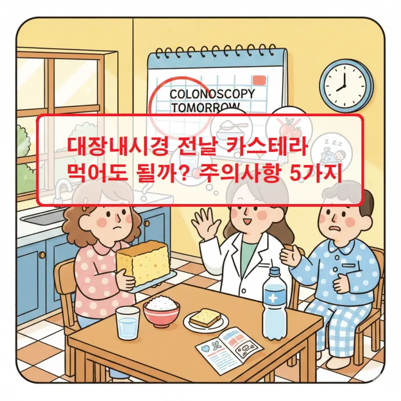 대장내시경 전날 카스테라 섭취 가능 여부와 주의사항을 설명하는 건강 정보 썸네일
