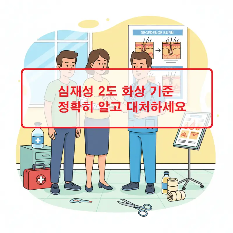 심재성 2도 화상 기준과 증상을 설명하고 올바른 응급처치 방법을 안내하는 의료 정보 이미지