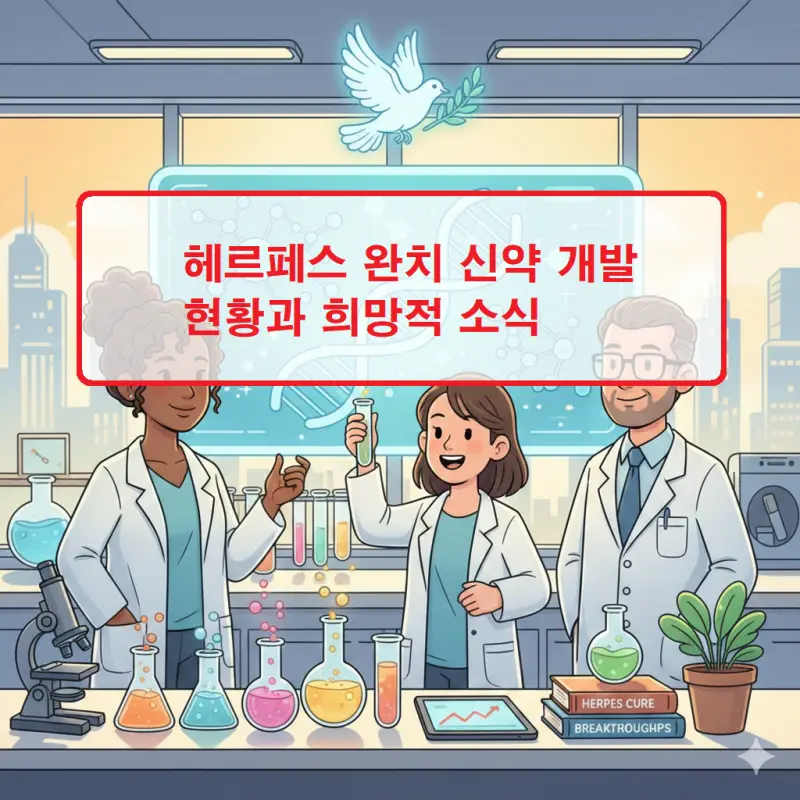 헤르페스 완치 신약 개발 현황과 임상 시험 진행 상황을 보여주는 의학 연구 정보 이미지