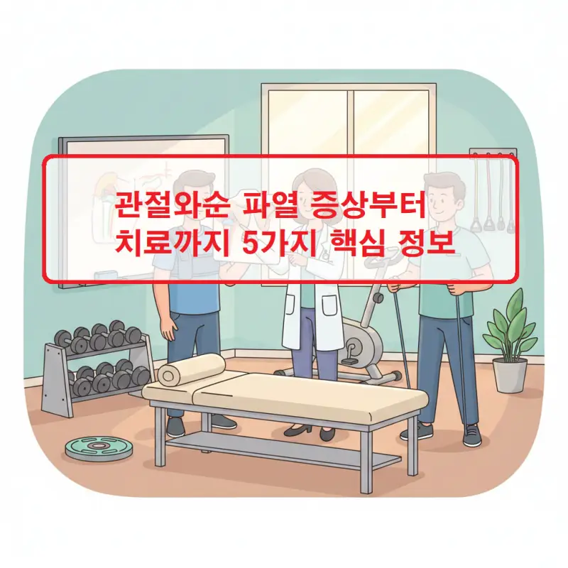 관절와순 파열 증상과 치료 방법을 설명하는 어깨 관절 구조 및 손상 부위 표시 이미지