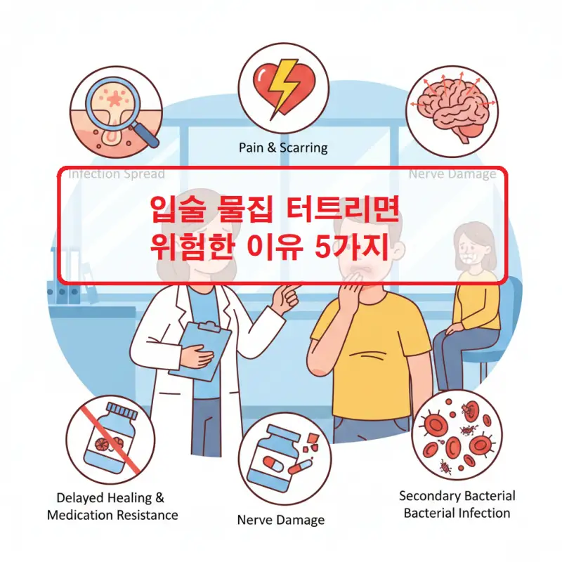 입술 물집 터트리면 발생할 수 있는 5가지 위험과 올바른 대처법을 설명하는 건강 정보 썸네일