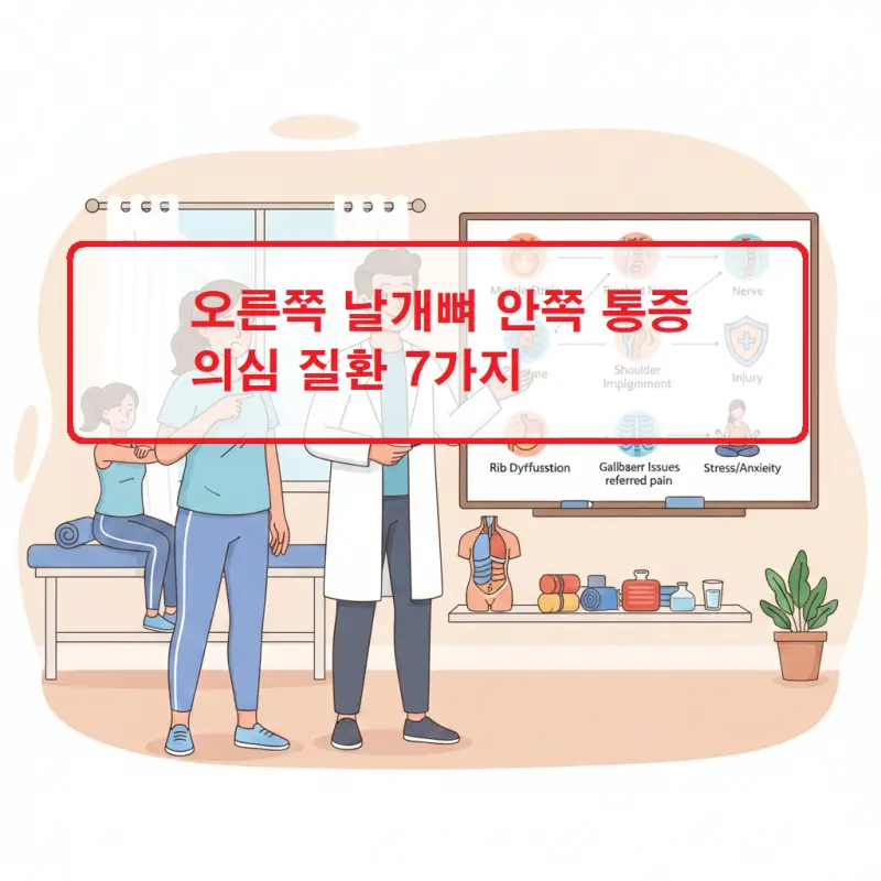 오른쪽 날개뼈 안쪽 통증의 원인이 되는 질환들을 설명하는 건강 정보 썸네일