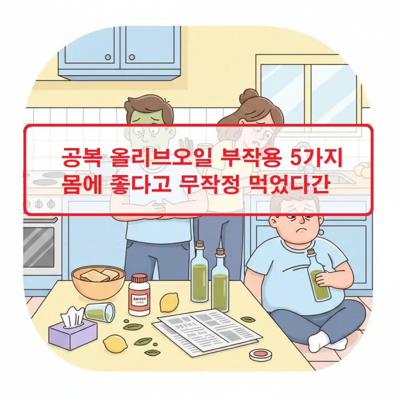 공복 올리브오일 부작용과 주의사항을 설명하는 건강 정보 이미지