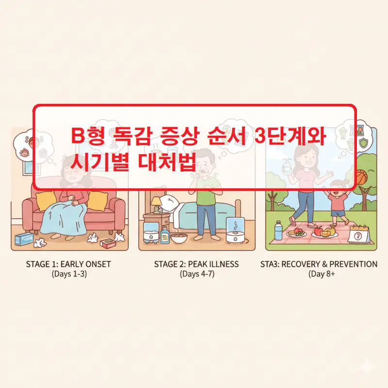 B형 독감 증상 순서를 3단계로 나누어 설명하는 건강 정보 썸네일