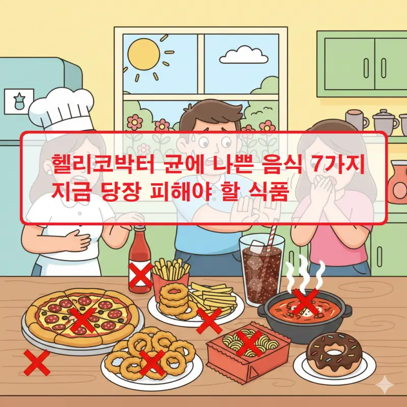 헬리코박터 균에 나쁜 음식 7가지를 경고 표시와 함께 안내하는 건강 정보 이미지