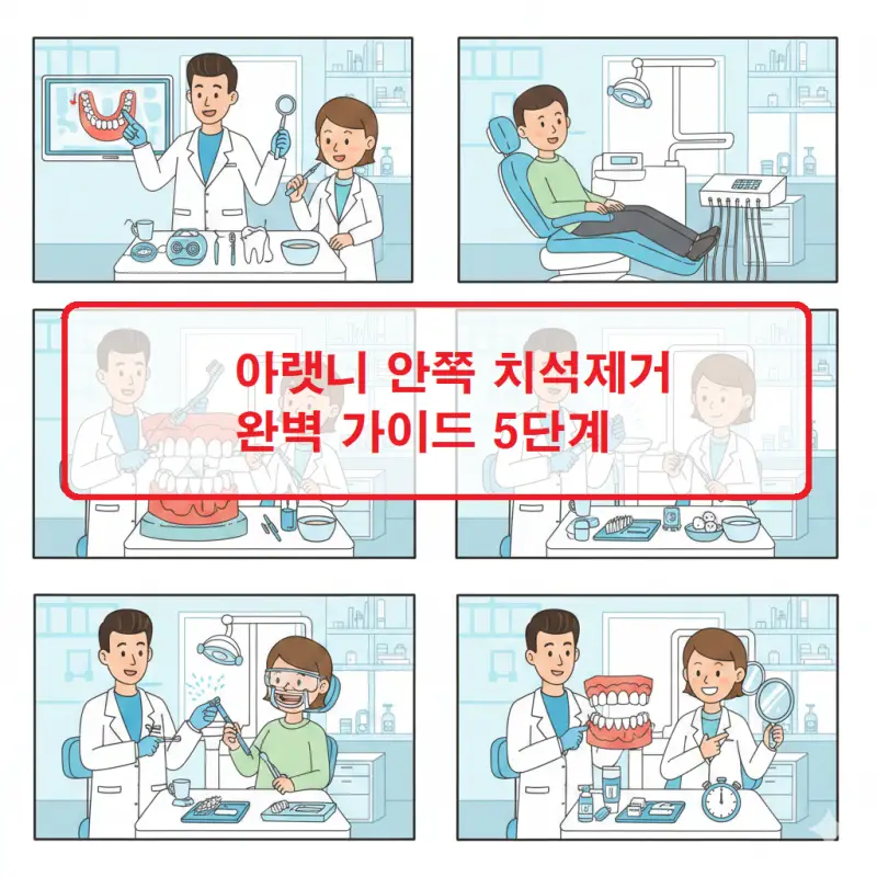 아랫니 안쪽 치석제거 방법과 관리법을 단계별로 안내하는 치과 건강 이미지