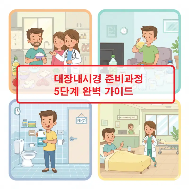 대장내시경 준비과정 5단계를 시각적으로 보여주는 건강 정보 가이드 썸네일