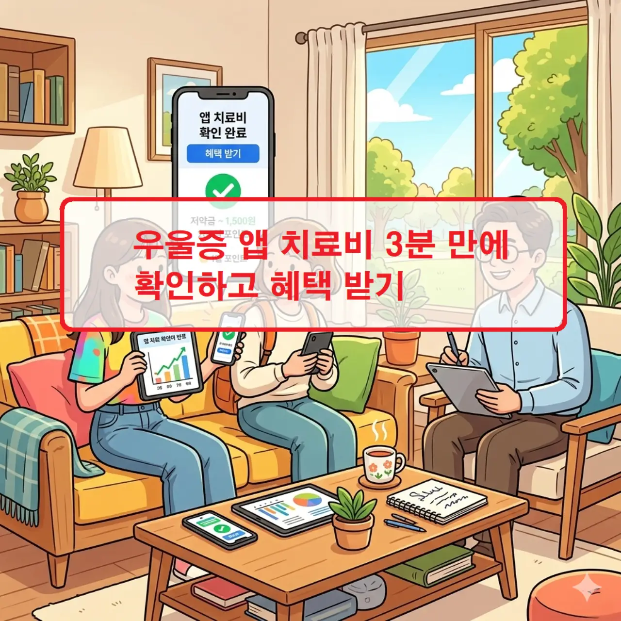스마트폰의 우울증 앱 치료비 청구 내역과 건강보험 적용 혜택을 확인하는 디지털 헬스케어 이미지