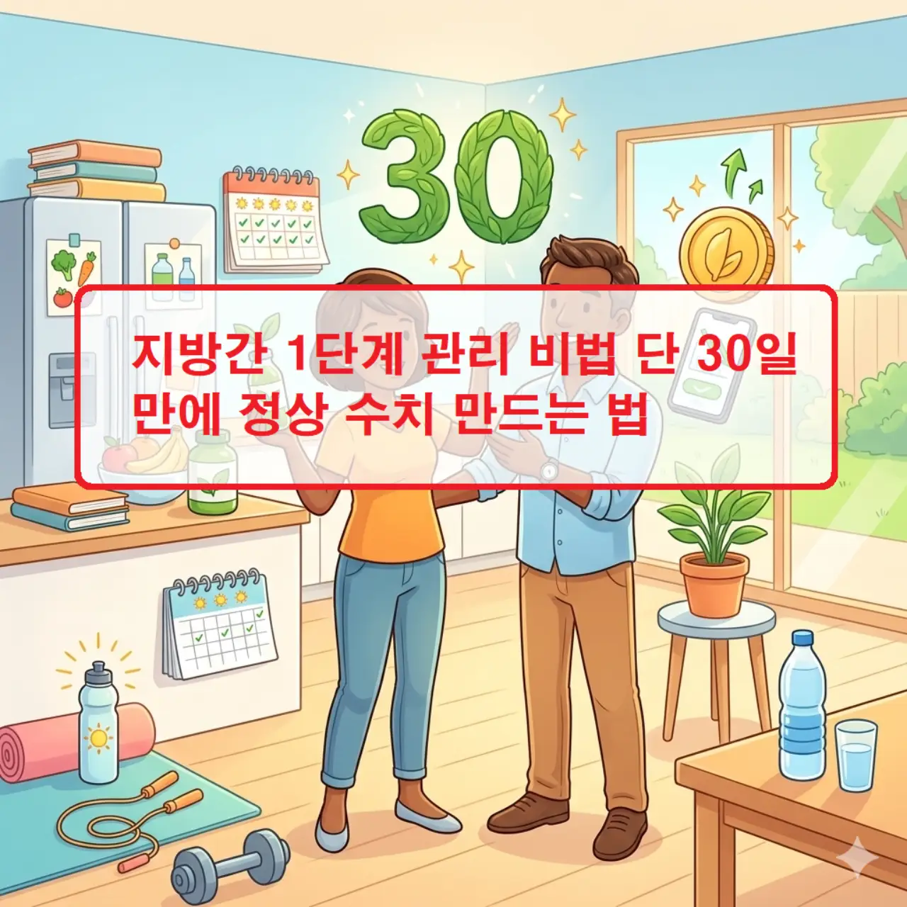 지방간 1단계 관리 비법을 실천하여 간 수치가 정상으로 회복되는 과정을 보여주는 건강 그래프 이미지