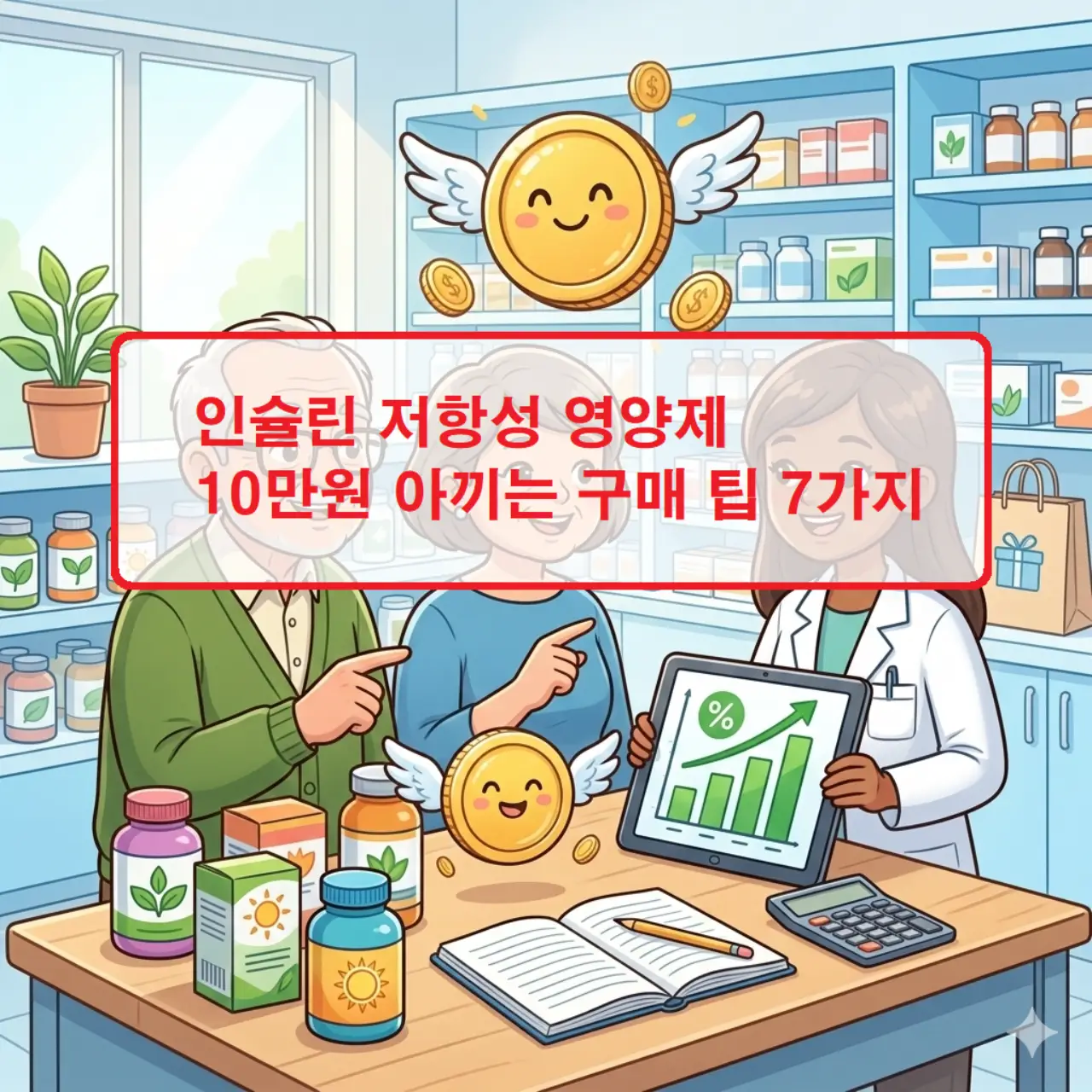 혈당 측정기와 함께 인슐린 저항성 영양제 성분인 바나바잎 추출물과 베르베린이 포함된 건강 이미지