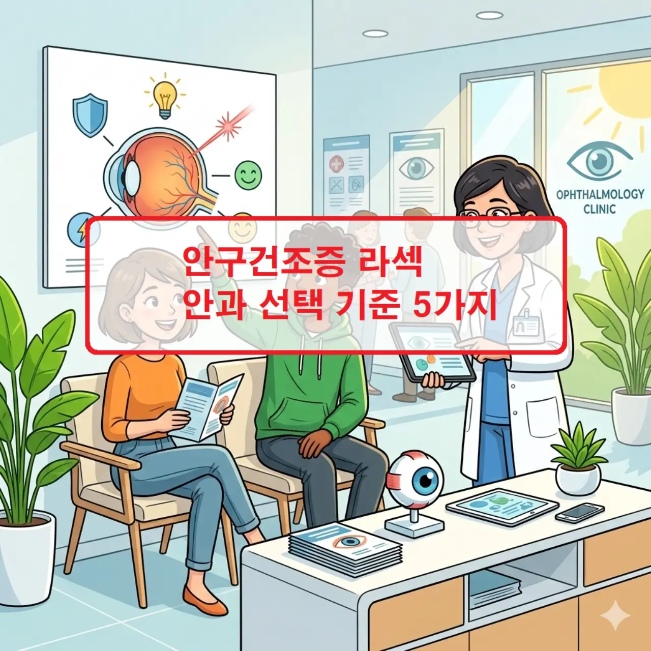 안구건조증 라섹 안과 선택 기준 5가지 1 안구건조증 라섹 수술 전 정밀 검사를 통해 눈의 눈물량과 각막 상태를 체크하는 안과 진료 이미지