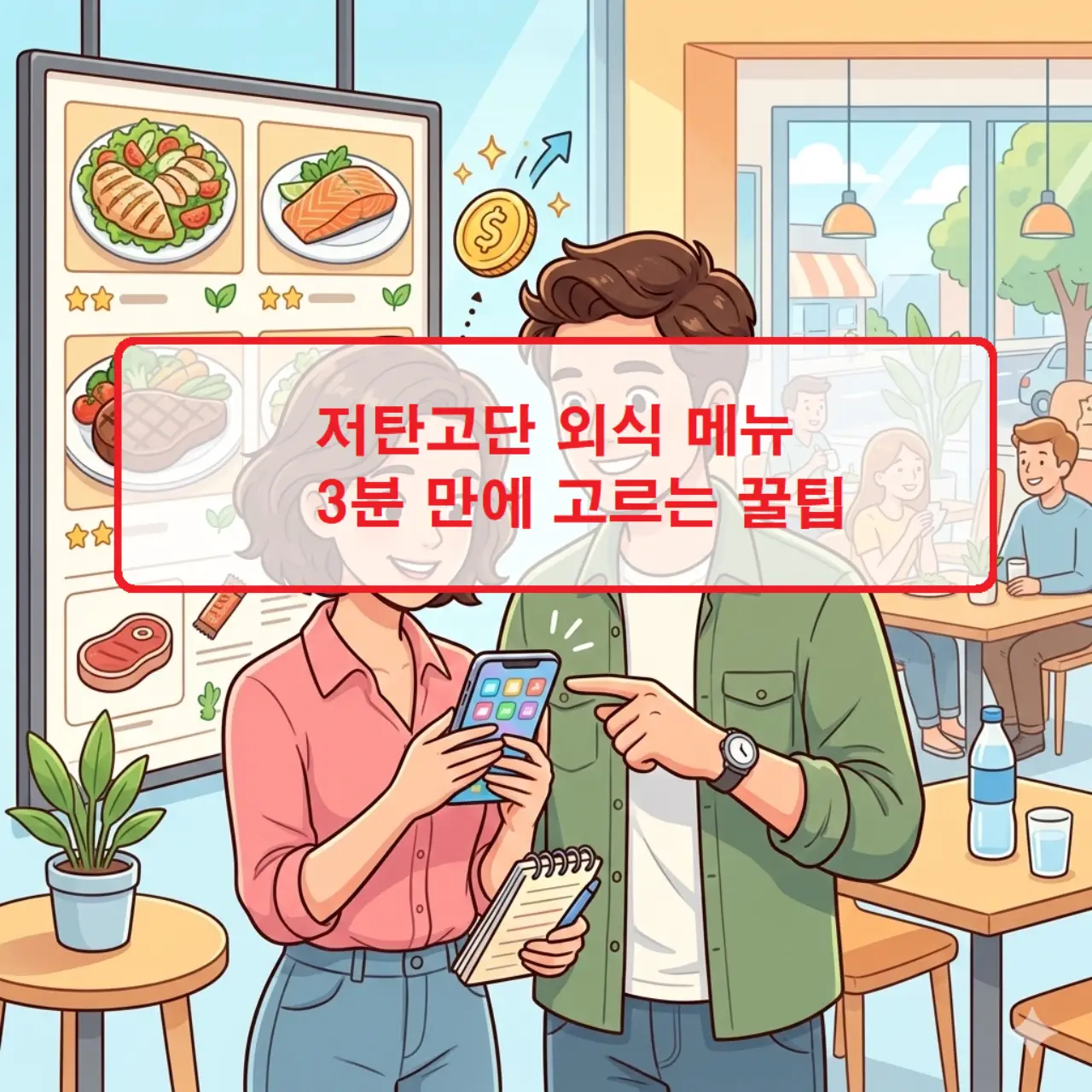 단백질 위주의 고기 요리와 신선한 채소로 구성된 저탄고단 외식 메뉴 선택 가이드 이미지