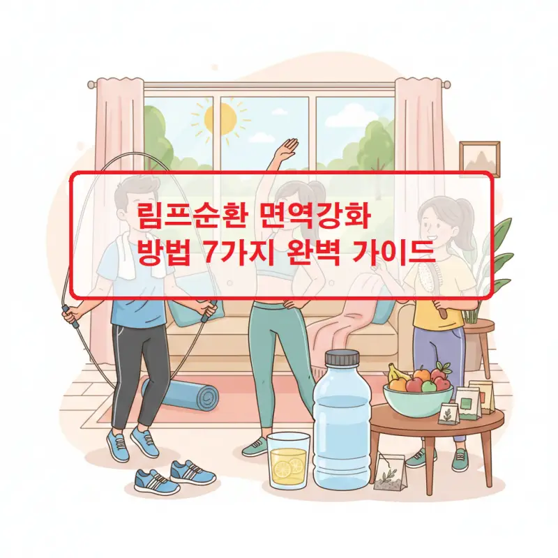 림프순환 면역강화를 돕는 마사지와 생활 습관을 시각적으로 나타낸 건강 정보 이미지