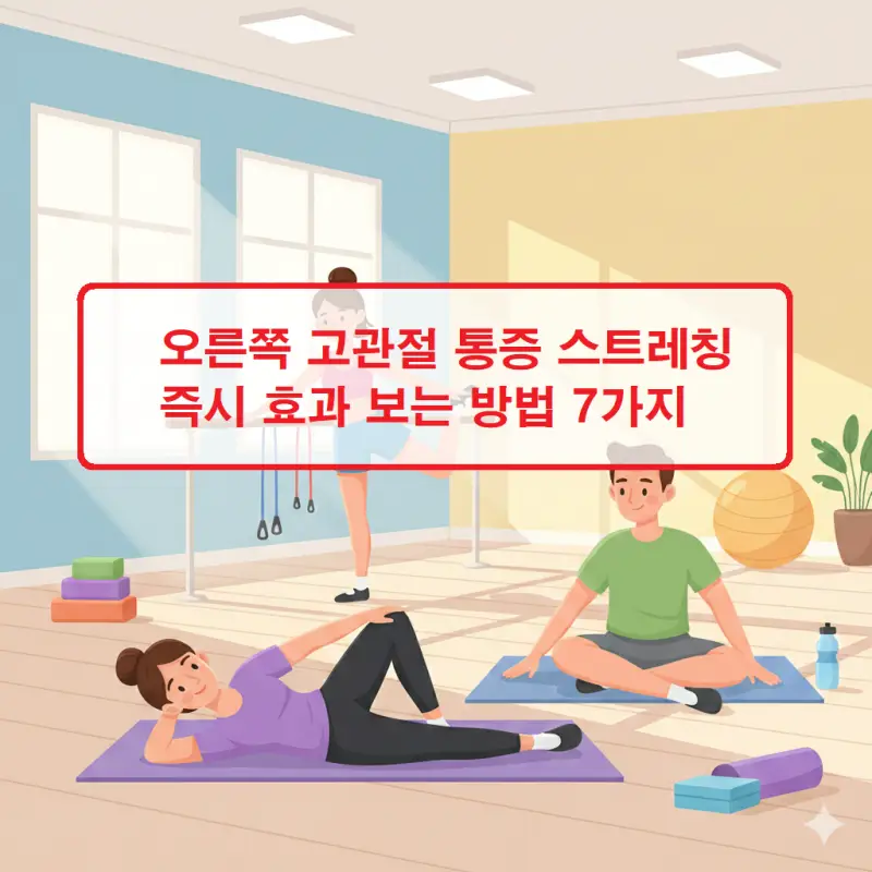 오른쪽 고관절 통증 스트레칭으로 즉시 효과 보는 7가지 방법을 설명하는 운동 가이드 이미지
