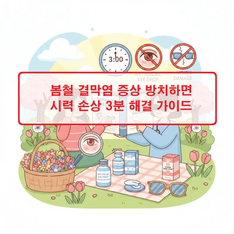 봄철 결막염 증상으로 충혈되고 가려운 눈을 표현한 안구 건강 정보 이미지