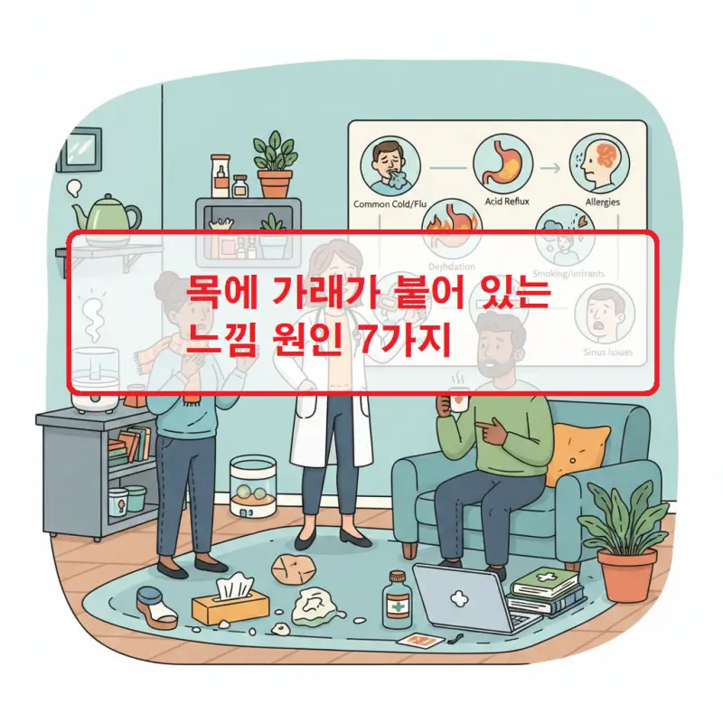 목에 가래가 붙어 있는 느낌의 다양한 원인 7가지를 설명하는 건강 정보 썸네일