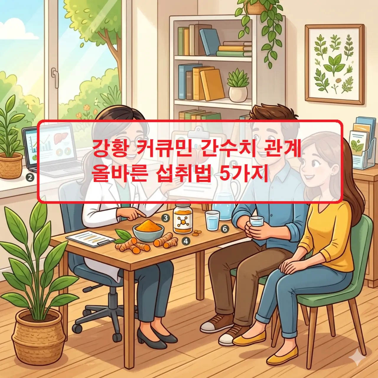 강황 커큐민 간수치 관계를 설명하기 위해 강황 가루와 캡슐이 놓여 있는 건강 정보 이미지