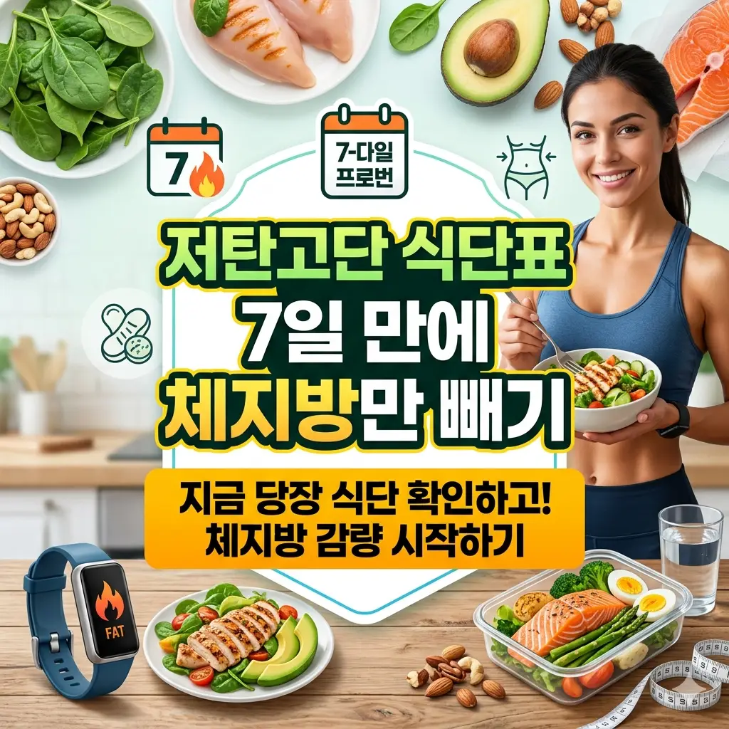 저탄고단 식단표 7일 만에 체지방만 빼기 1 체지방 감량을 돕는 7일간의 저탄고단 식단표 구성과 주요 메뉴를 정리한 건강 식단 이미지