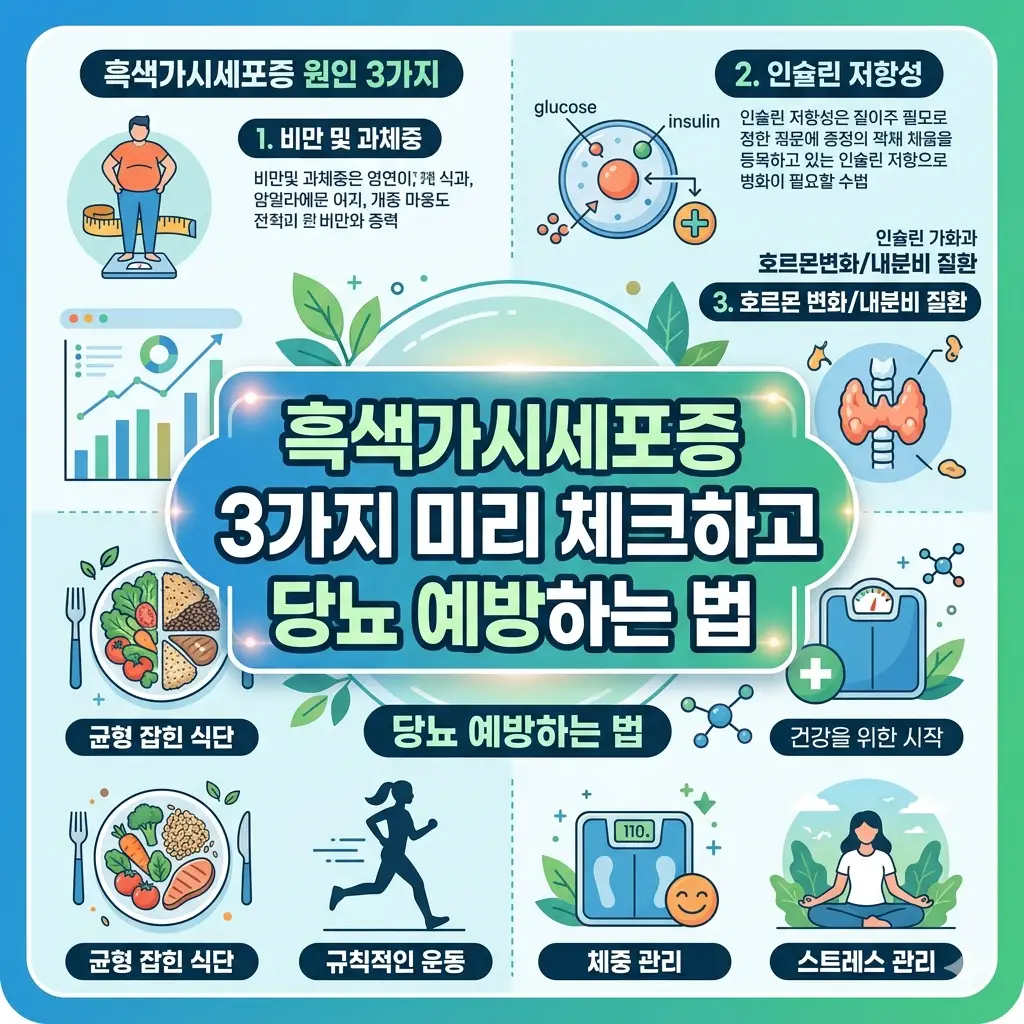 흑색가시세포증 원인 3가지와 당뇨 예방법을 안내하는 피부 건강 정보 이미지