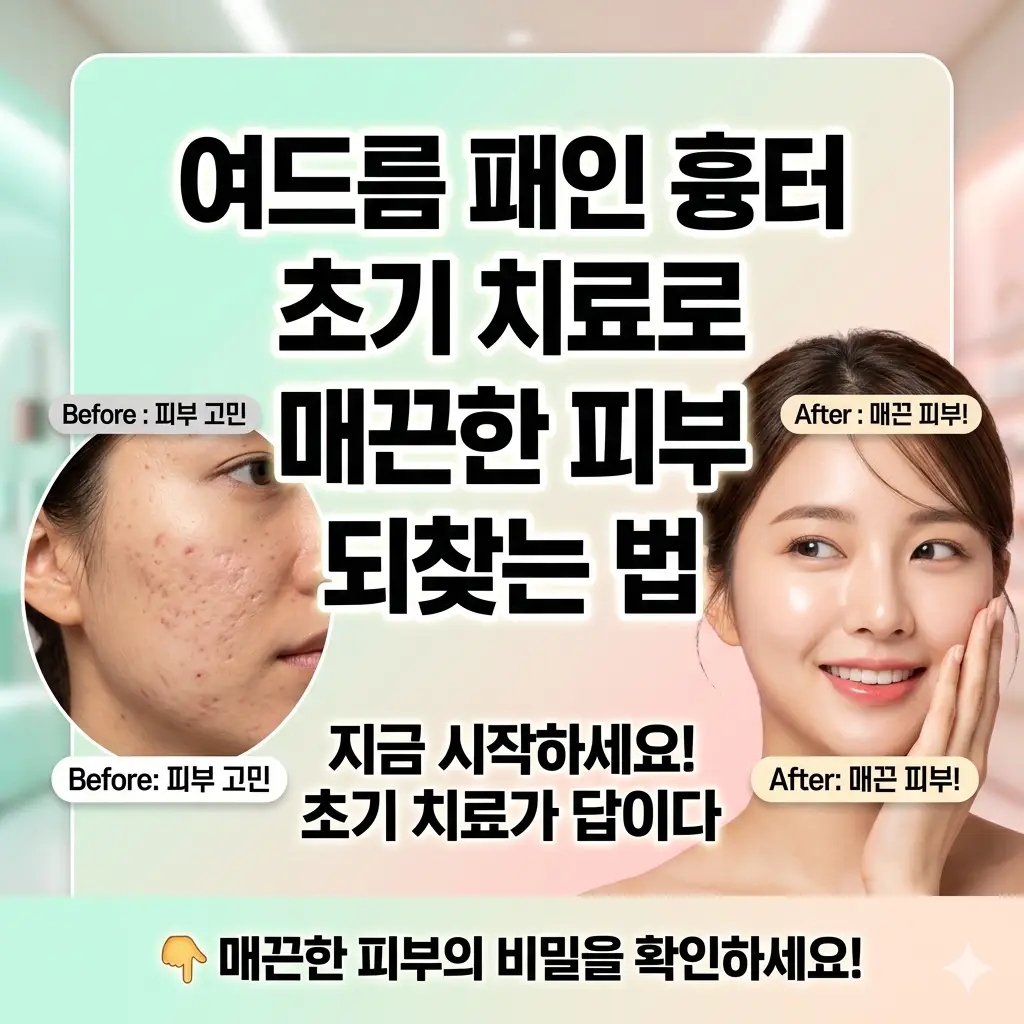 여드름 패인 흉터 초기 치료를 통해 매끈한 피부로 회복하는 과정을 보여주는 피부과 가이드 이미지