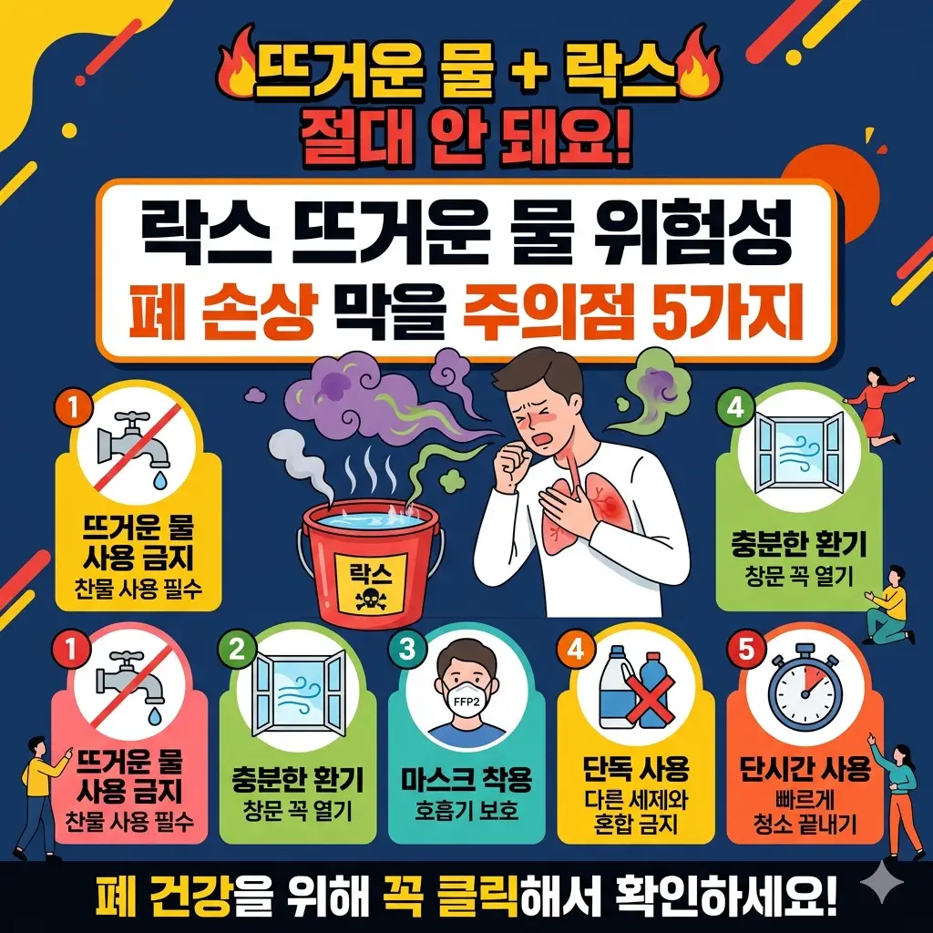 락스 뜨거운물 위험성을 경고하는 이미지로, 염소 가스 흡입 시 폐 손상 위험을 나타낸 건강 안전 썸네일