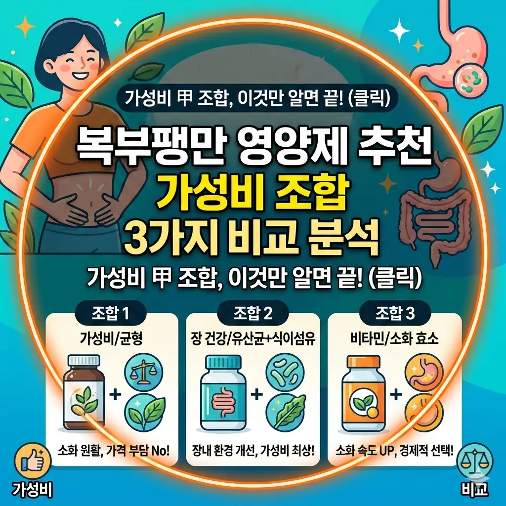 복부팽만 영양제 추천 가성비 조합 3가지를 비교 분석한 건강 정보 썸네일 이미지