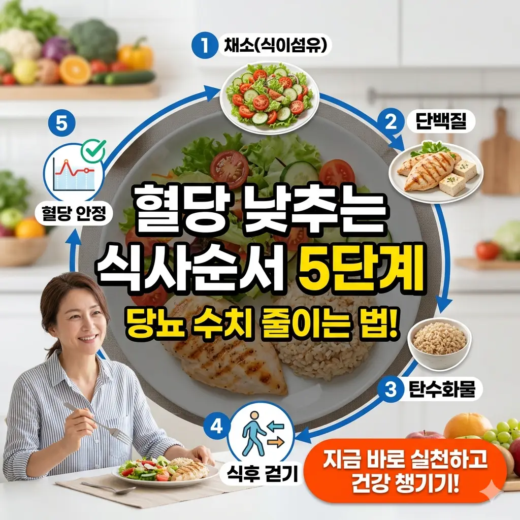 혈당 낮추는 식사순서 5단계로 당뇨 수치를 효과적으로 관리하는 방법을 설명하는 건강 정보 썸네일