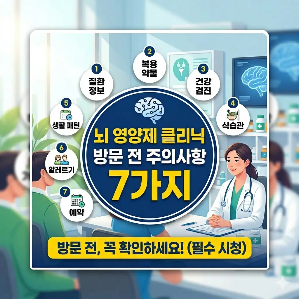 뇌 영양제 클리닉 방문 전 체크해야 할 7가지 주의사항을 정리한 안내 가이드 이미지